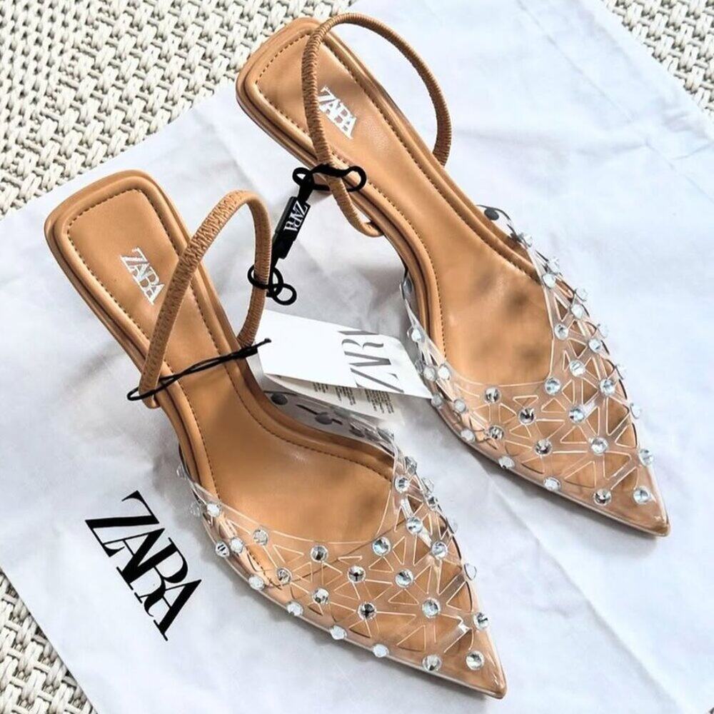 ZARA Rhinestone Slingback Heels NWT Clear Vinyl Pointed Toe Bridal Shoes Size 8 - Picture 6 of 16